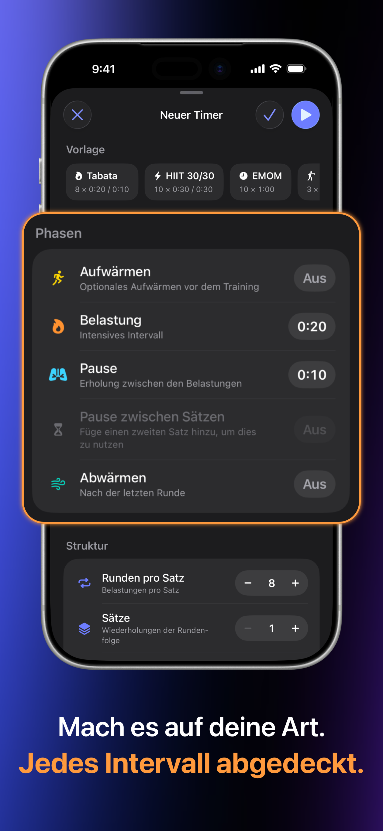 FourEver benutzerdefinierter Timer-Editor, der Workout-Phasen anzeigt