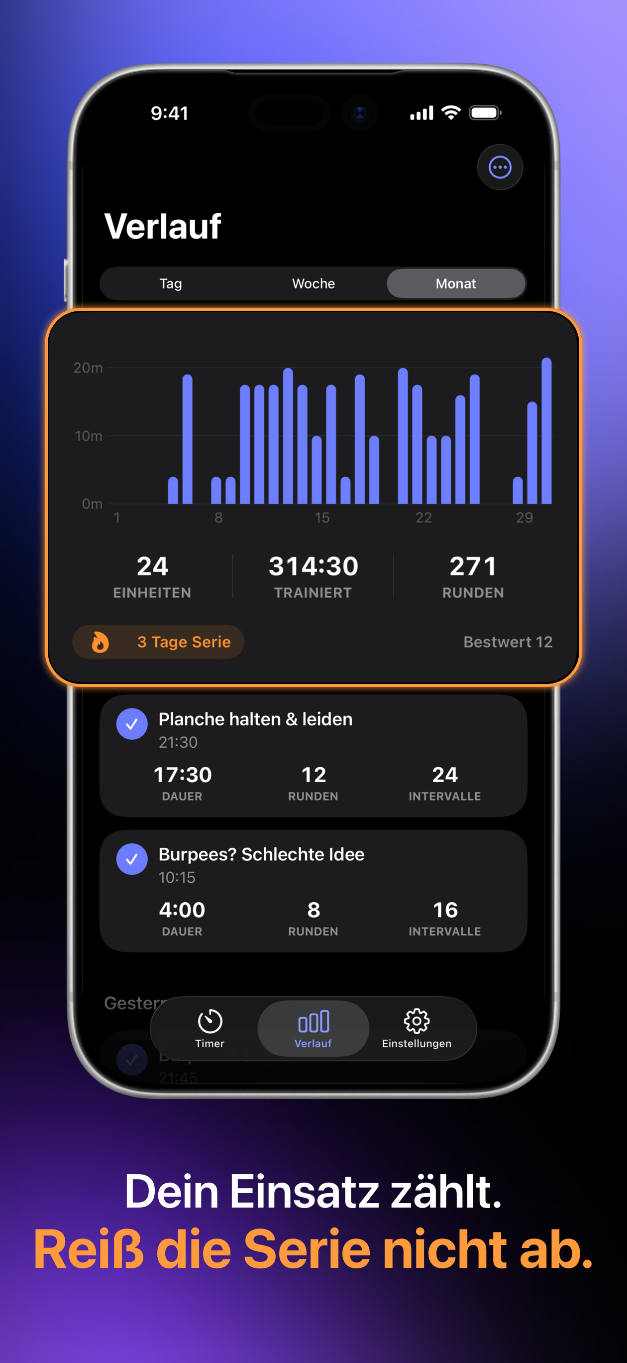 FourEver Workout-Verlauf mit monatlichem Diagramm und Serie