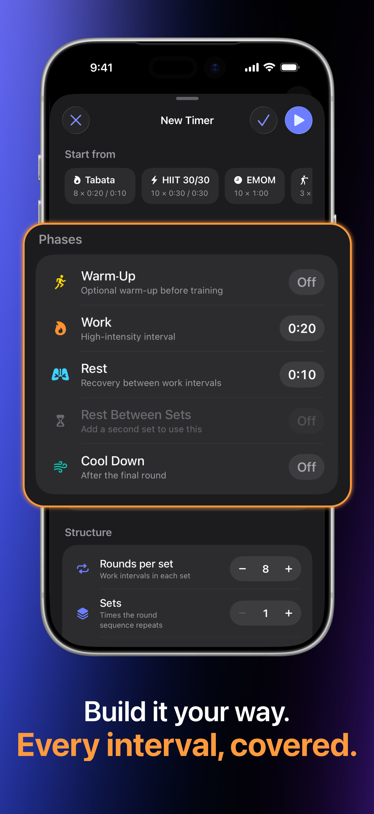 FourEver custom timer editor showing workout phases